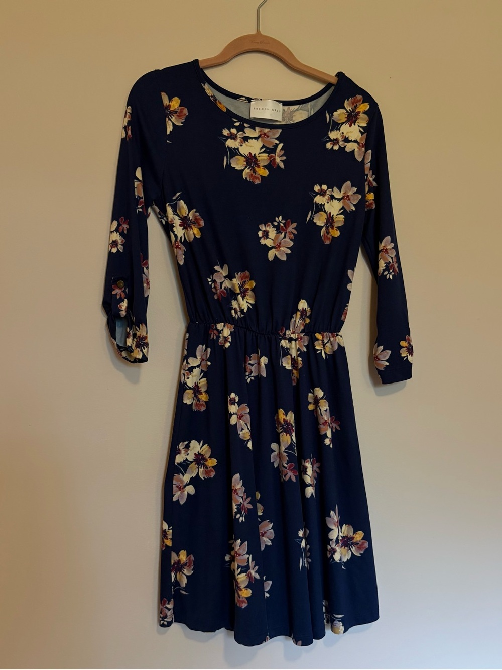 French Grey Navy Floral Long-Sleeve Fit & Flare Dress
